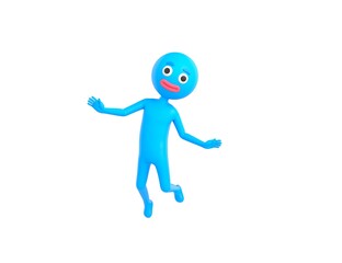 Blue Man character flying in the air in 3d rendering.