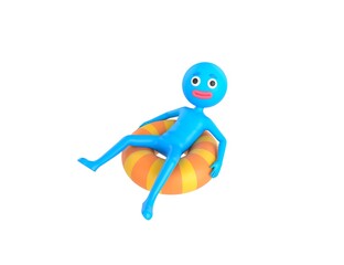 Blue Man character sitting on the inflatable ring in 3d rendering.