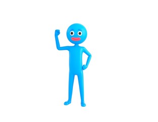 Blue Man character raising right fist in 3d rendering.