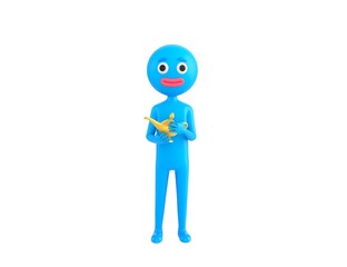 Blue Man character rubbing a magic lamp in 3d rendering.