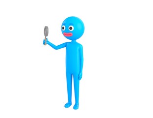 Blue Man character holding magnifying glass in 3d rendering.
