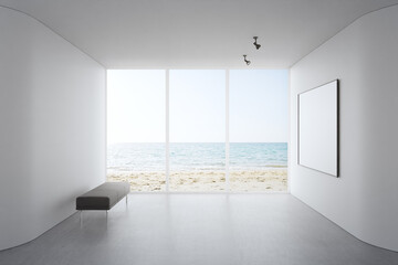 Empty white blank picture frame and bench on concrete floor of bright living room in modern beach house or luxury hotel. Minimal home interior 3d rendering with sea view.