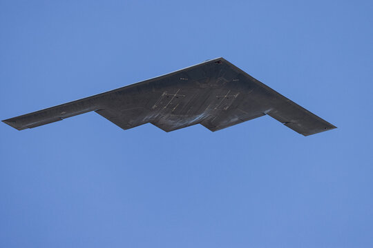 Unusual bottom  view of a B-2 Spirit  stealth bomber 