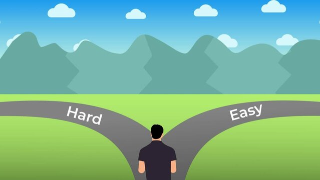 Male character deciding what path to choose for his career on an open field 4K animation. Man choosing a hard or easy working path 4K footage. Man flat character animation with green land and hills.