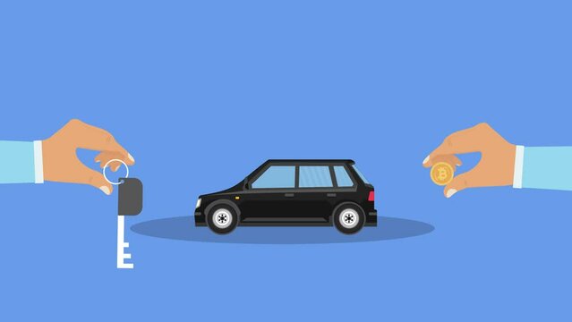 Buying a car with the bitcoin 4K animation with a car key. Black car exchanging with bitcoin and two human hands 4K footage. Car buy and selling concept with cryptocurrency animation video.