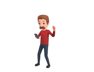 Man wearing Red Shirt character looking his phone and doing winner gesture with fists up in 3d rendering.