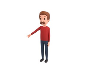 Man wearing Red Shirt character pointing to the ground in 3d rendering.
