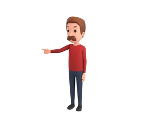 Man wearing Red Shirt character pointing finger to the left in 3d rendering.