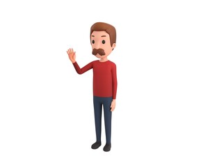 Man wearing Red Shirt character saying hi in 3d rendering.