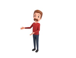 Man wearing Red Shirt character doing welcome gesture in 3d rendering.