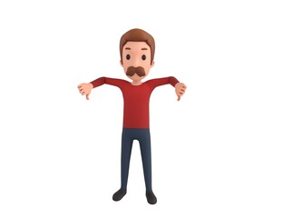 Man wearing Red Shirt character showing thumb down with two hands in 3d rendering.