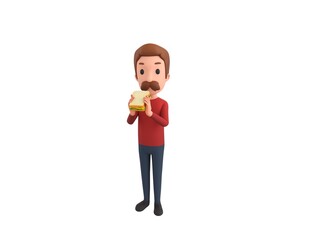 Man wearing Red Shirt character eating sandwich in 3d rendering.