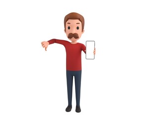 Man wearing Red Shirt character show his phone and give thumb down in 3d rendering.