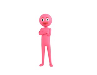 Pink Man character smiling with arms crossed in 3d rendering.