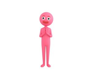 Pink Man character praying with hands held together in 3d rendering.
