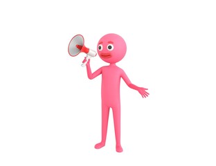 Pink Man character talking in megaphone in 3d rendering.