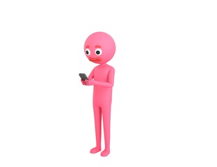 Pink Man character types text message on cell phone in 3d rendering.