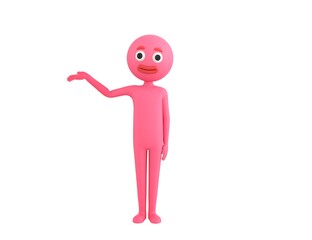 Pink Man character raise his hand and pointing to the side in 3d rendering.
