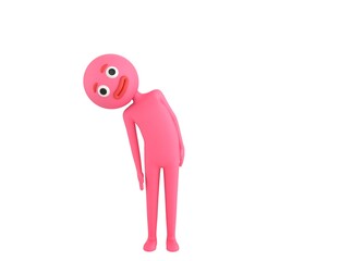 Pink Man character tilt body to side in 3d rendering.