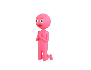 Pink Man character kneeling and pray in 3d rendering.