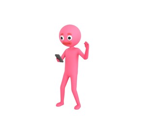 Pink Man character looking his phone and doing winner gesture with fists up in 3d rendering.