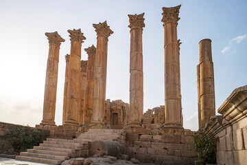 Roman architecture. temple of Artemis in the old historic district of Jarash. High beautiful...