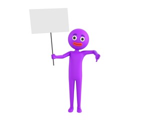 Purple Man character holding a blank billboard and give thumb down in 3d rendering.
