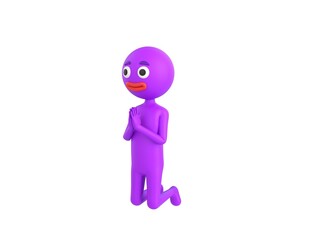 Purple Man character kneeling and pray in 3d rendering.