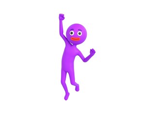 Purple Man character Jumping with smile on face doing winner gesture with fists up in 3d rendering.