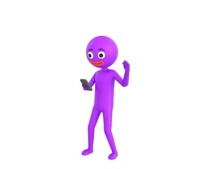 Purple Man character looking his phone and doing winner gesture with fists up in 3d rendering.