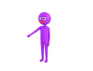 Purple Man character pointing to the ground in 3d rendering.