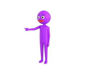 Purple Man character pointing finger to the left in 3d rendering.