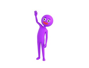 Purple Man character raising right hand in 3d rendering.