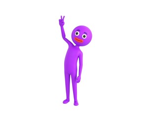 Purple Man character showing two finger in 3d rendering.