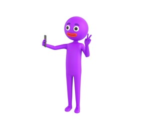 Purple Man character taking selfie in 3d rendering.