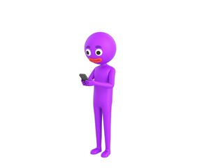 Purple Man character types text message on cell phone in 3d rendering.