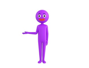 Purple Man character looking to camera and pointing hand to the side in 3d rendering.