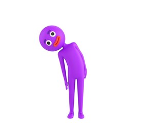 Purple Man character tilt body to side in 3d rendering.