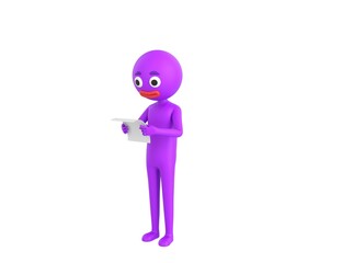 Purple Man character reading paper in 3d rendering.