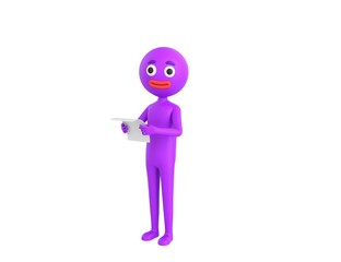 Purple Man character reading paper and looking to camera in 3d rendering.