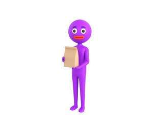 Purple Man character holding paper containers for takeaway food in 3d rendering.