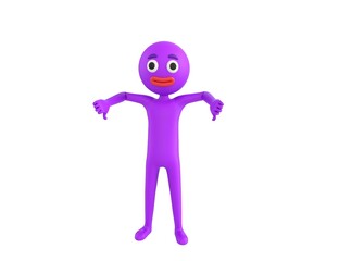 Purple Man character showing thumb down with two hands in 3d rendering.