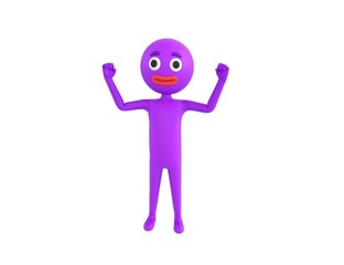 Purple Man character raising two fists in 3d rendering.