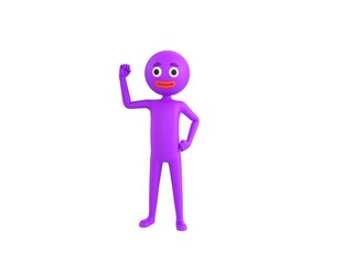 Purple Man character raising right fist in 3d rendering.