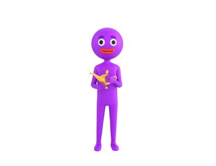 Purple Man character rubbing a magic lamp in 3d rendering.