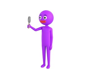 Purple Man character holding magnifying glass in 3d rendering.