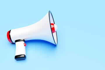Megaphone speaker or megaphone loudspeaker, realistic 3d illustration. Modern isolated megaphone loudspeaker with buzzer and handle, lifeguard emergency signal and speakerphone for announcements