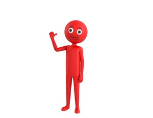 Red Man character pointing back thumb up empty space in 3d rendering.