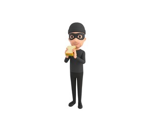 Robber character eating sandwich in 3d rendering.