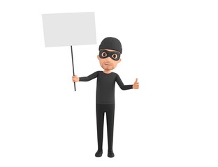 Robber character holding a blank billboard and give thumb up in 3d rendering.